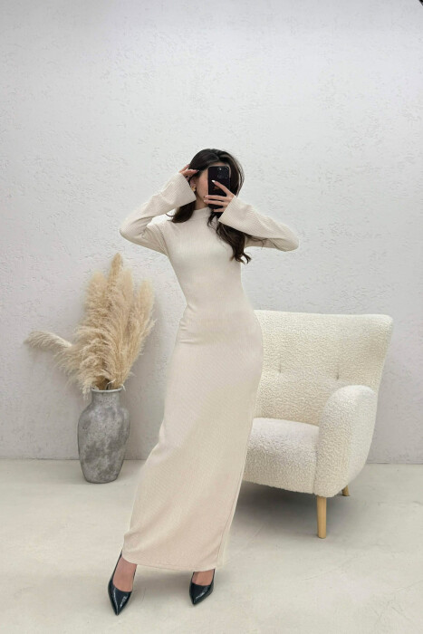 ONE COLOR LONG SLEEVE LONG WOMAN DRESS LIGHT BEIGE/BZHZB - KLAUDIO FASHION