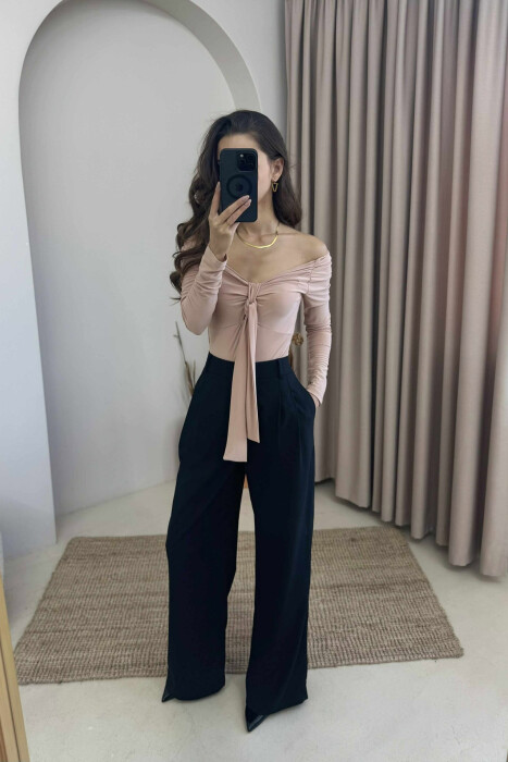 ONE COLOR LONG SLEEVE RIBBON DETAIL WOMEN BODY BEIGE/BEZHE 
