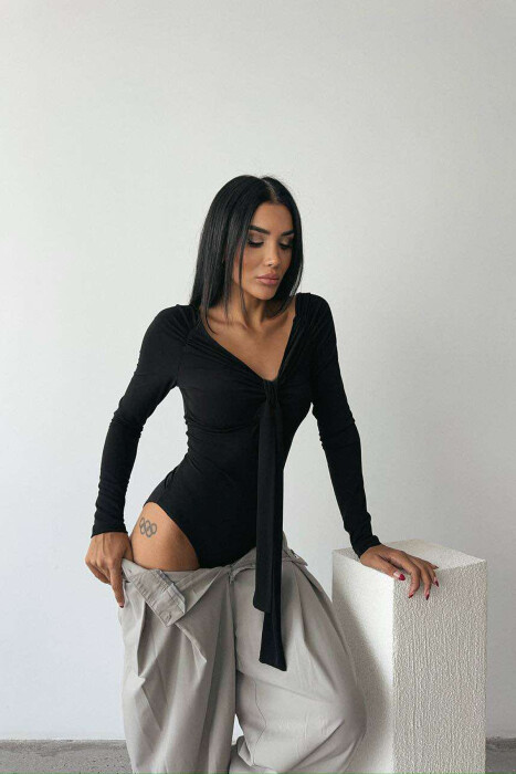 ONE COLOR LONG SLEEVE RIBBON DETAIL WOMEN BODY BLACK/ E ZEZE - 1