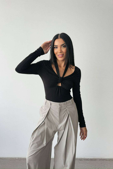 ONE COLOR LONG SLEEVE RIBBON DETAIL WOMEN BODY BLACK/ E ZEZE - 2