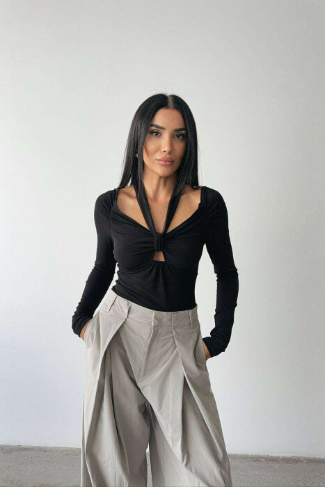 ONE COLOR LONG SLEEVE RIBBON DETAIL WOMEN BODY BLACK/ E ZEZE - 3