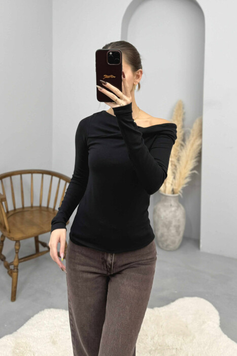 ONE COLOR LONG SLEEVE SIMPLE WOMEN SWEATSHIRT BLACK/ E ZEZE 