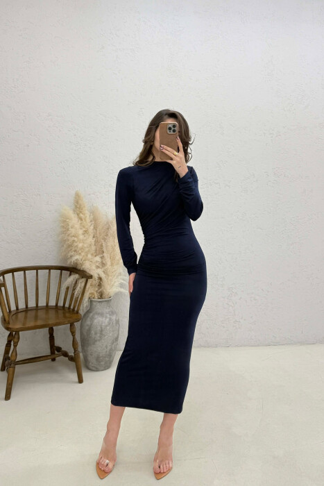 ONE COLOR LONG SLEEVE WOMAN DRESS DARK BLUE/BEE 