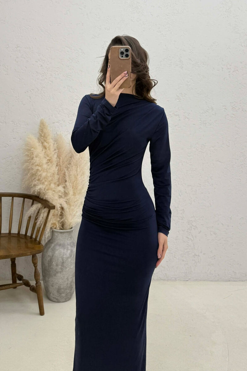 ONE COLOR LONG SLEEVE WOMAN DRESS DARK BLUE/BEE - 3
