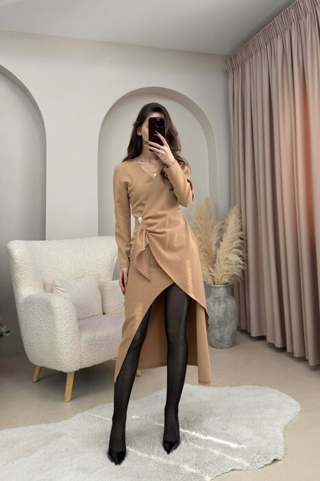 ONE COLOR LONG SLEEVE WOMEN DRESS BEIGE/BEZHE - KLAUDIO FASHION