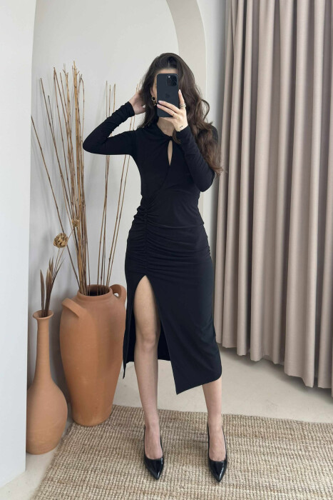 ONE COLOR LONG SLEEVE WOMEN DRESS BLACK/ E ZEZE 