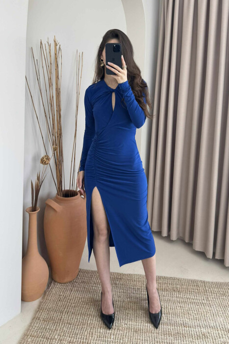 ONE COLOR LONG SLEEVE WOMEN DRESS BLUE/BLU 