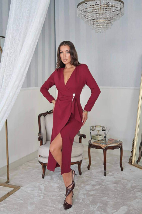 ONE COLOR LONG SLEEVE WOMEN DRESS BURGUNDY/VISHNJE - KLAUDIO FASHION