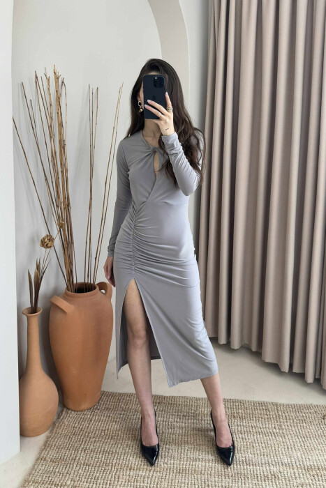 ONE COLOR LONG SLEEVE WOMEN DRESS GREY/GRI 