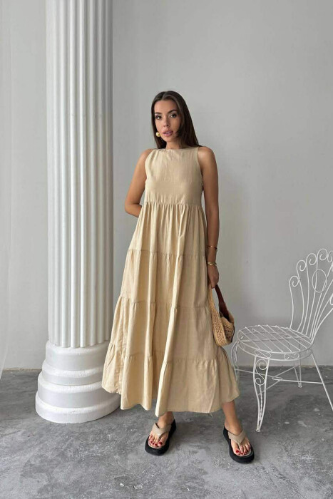 ONE COLOR LONG SLEEVELESS WOMEN DRESS BEIGE/BEZHE 