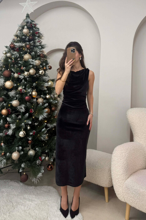 ONE COLOR LONG SLEEVELESS WOMEN DRESS BLACK/ E ZEZE 