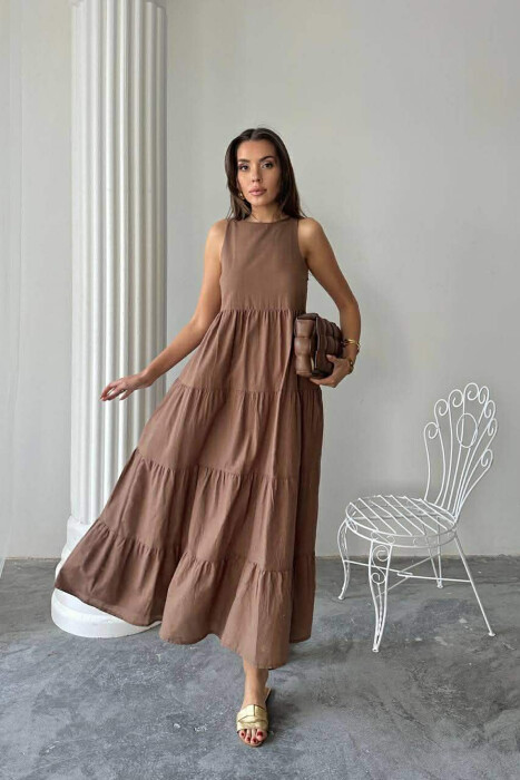 ONE COLOR LONG SLEEVELESS WOMEN DRESS BROWN/KAFE 