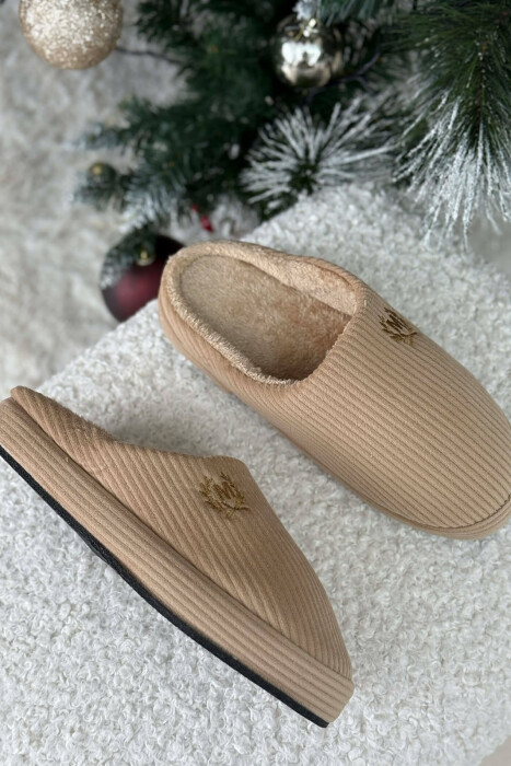 ONE COLOR M SYMBOL TEDDY LINED MAN SLIPPERS BEIGE/BEZHE - 2