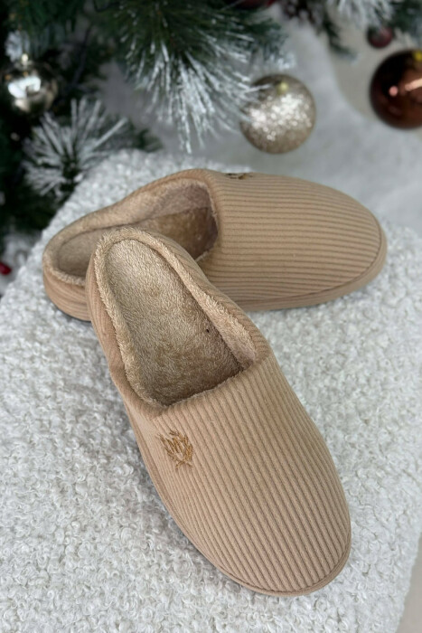 ONE COLOR M SYMBOL TEDDY LINED MAN SLIPPERS BEIGE/BEZHE - 4