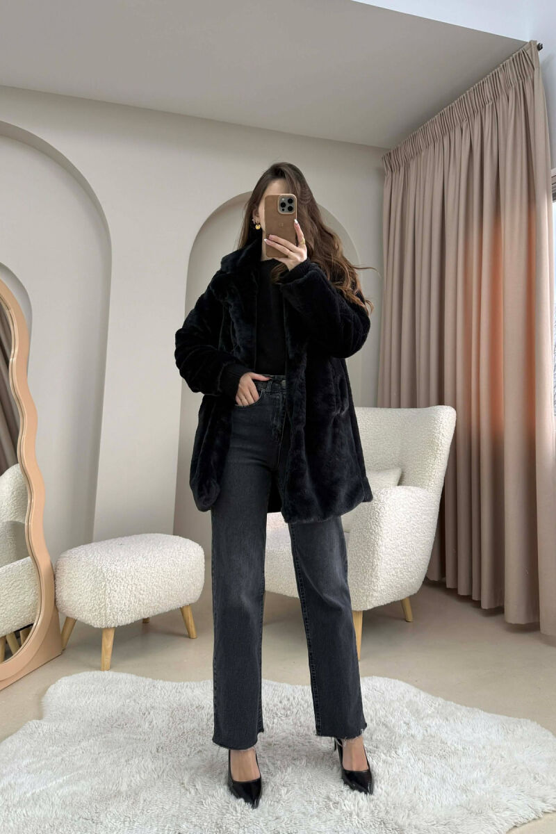 ONE COLOR MEDIUM FUR WOMAN COAT BLACK/ E ZEZE - 2