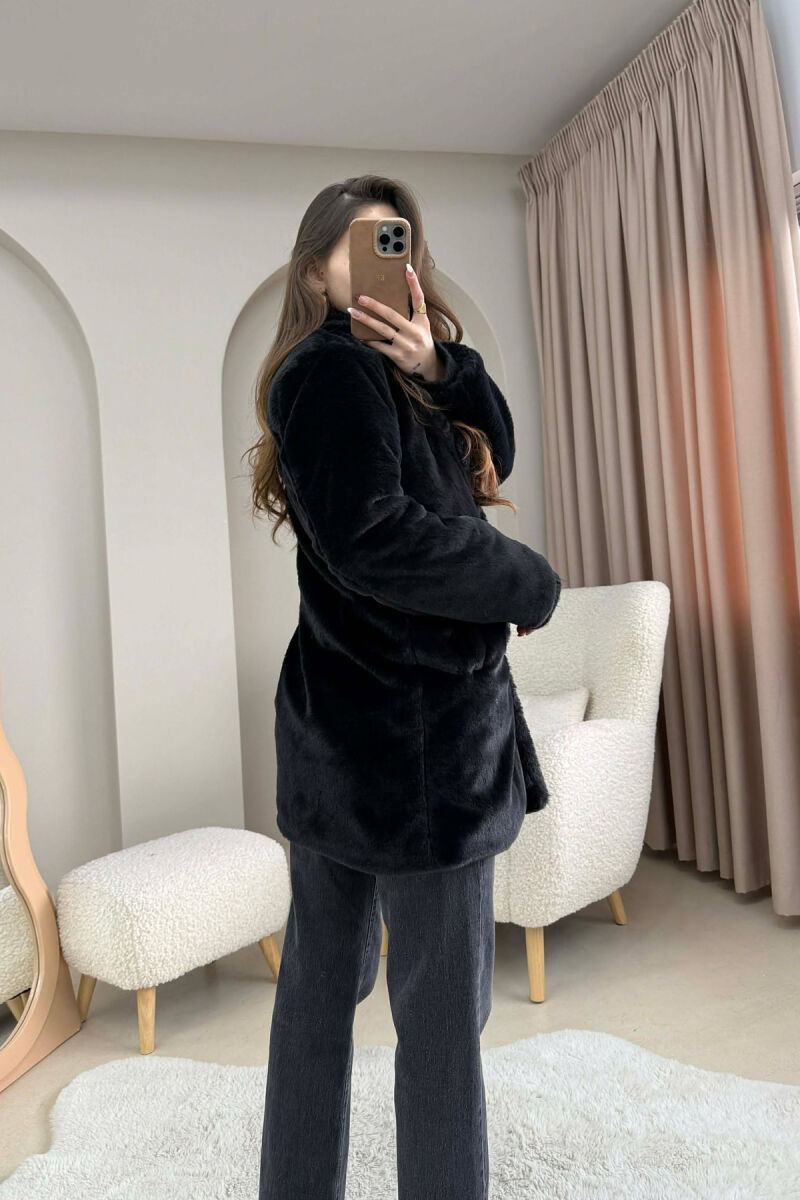 ONE COLOR MEDIUM FUR WOMAN COAT BLACK/ E ZEZE - 4