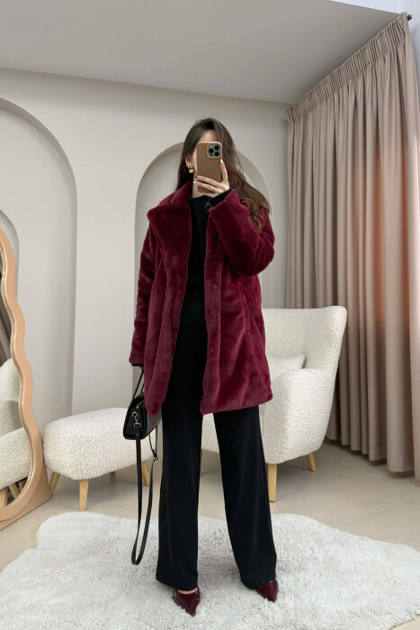 ONE COLOR MEDIUM FUR WOMAN COAT BURGUNDY/VISHNJE - 2