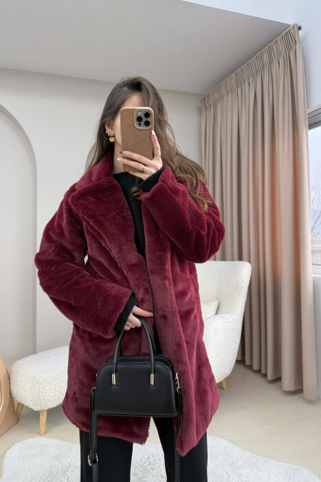 ONE COLOR MEDIUM FUR WOMAN COAT BURGUNDY/VISHNJE - 3