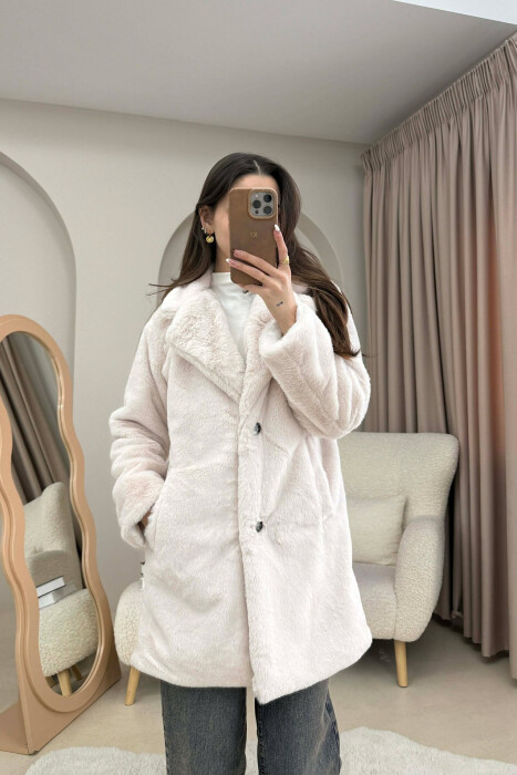 ONE COLOR MEDIUM FUR WOMAN COAT CREAM/KREM 