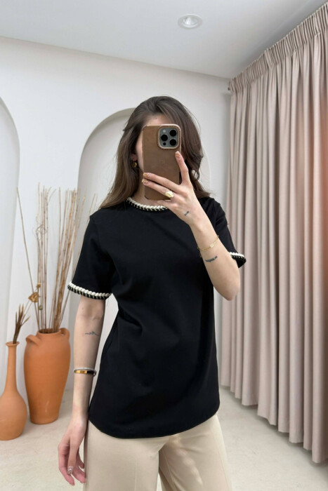 ONE COLOR NECK DETAIL WOMAN T-SHIRT BLACK/ E ZEZE - 
