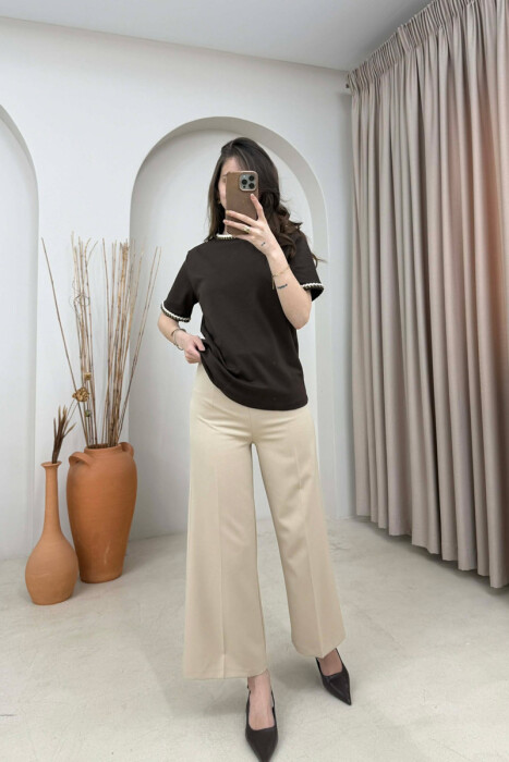 ONE COLOR NECK DETAIL WOMAN T-SHIRT BROWN/KAFE - 2