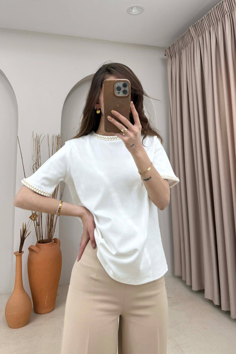 ONE COLOR NECK DETAIL WOMAN T-SHIRT CREAM/KREM - 1