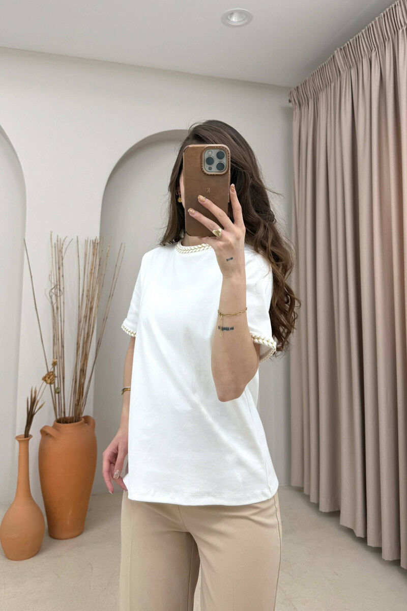 ONE COLOR NECK DETAIL WOMAN T-SHIRT CREAM/KREM - 2