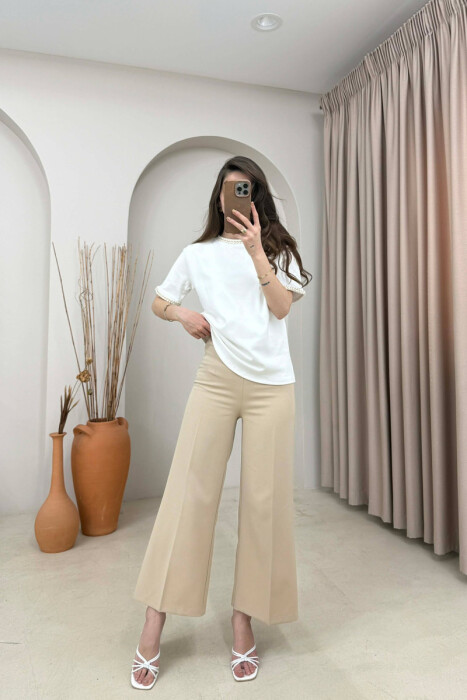 ONE COLOR NECK DETAIL WOMAN T-SHIRT CREAM/KREM - 3