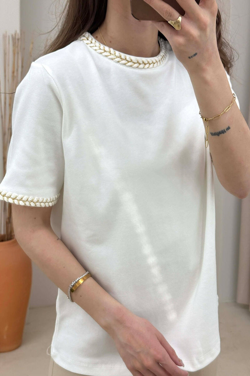 ONE COLOR NECK DETAIL WOMAN T-SHIRT CREAM/KREM - 4