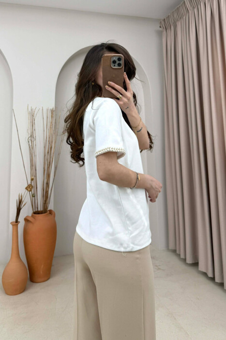 ONE COLOR NECK DETAIL WOMAN T-SHIRT CREAM/KREM - 5