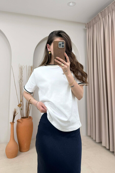 ONE COLOR NECK DETAIL WOMAN T-SHIRT WHITE-E BARDHE - 