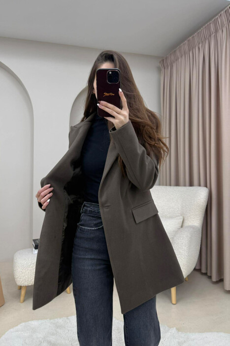 ONE COLOR ONE BUTTON SIMPLE WOMAN JACKET BROWN/KAFE - 5