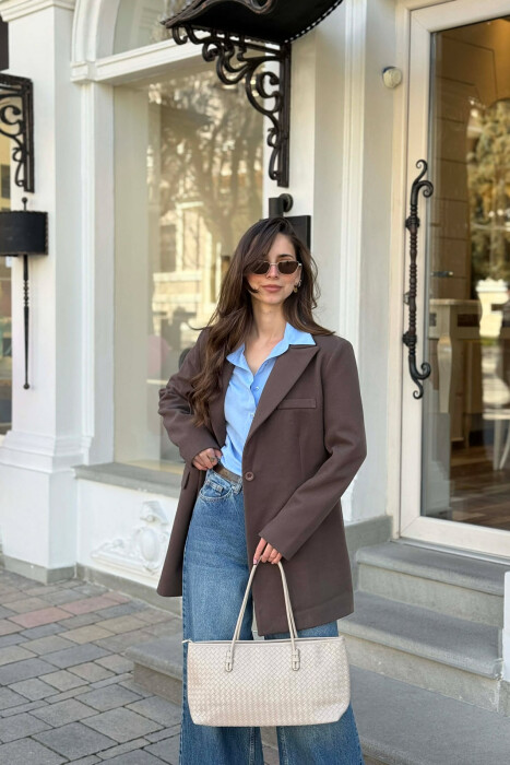 ONE COLOR ONE BUTTON SIMPLE WOMAN JACKET BROWN/KAFE - 2