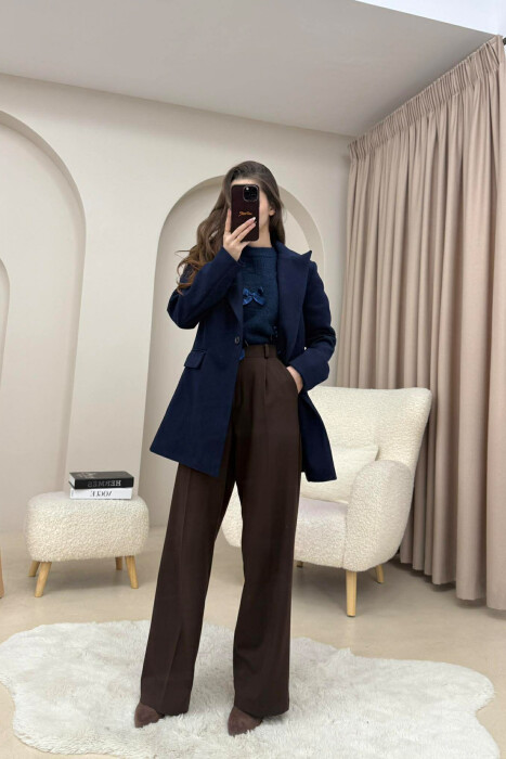 ONE COLOR ONE BUTTON SIMPLE WOMAN JACKET DARK BLUE/BEE - 7