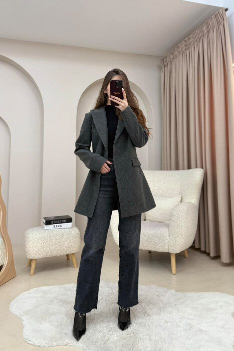 ONE COLOR ONE BUTTON SIMPLE WOMAN JACKET DARK GREY/GEE - 11