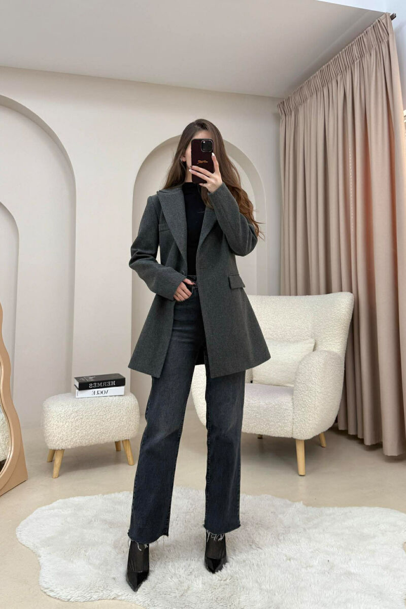 ONE COLOR ONE BUTTON SIMPLE WOMAN JACKET DARK GREY/GEE - 11