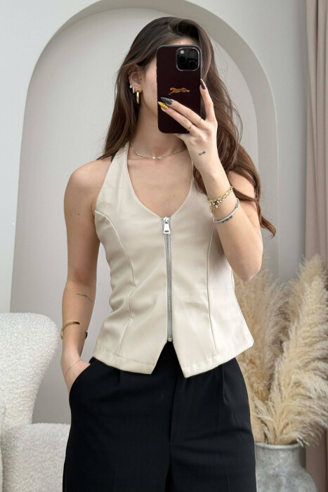 ONE COLOR OPEN BACK LEATHER WOMEN TANK TOP BEIGE/BEZHE - 2