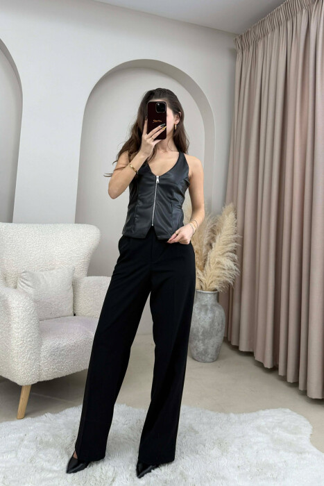 ONE COLOR OPEN BACK LEATHER WOMEN TANK TOP BLACK/ E ZEZE - 3