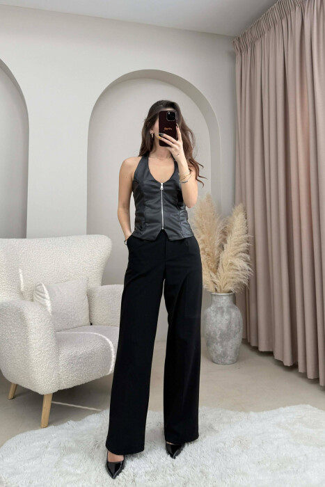 ONE COLOR OPEN BACK LEATHER WOMEN TANK TOP BLACK/ E ZEZE 