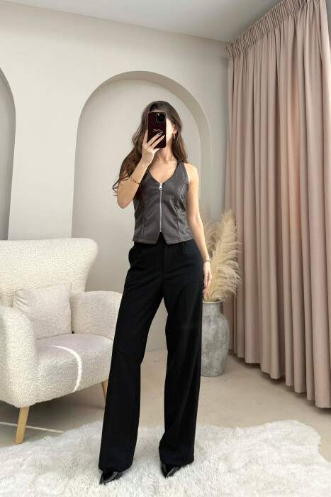 ONE COLOR OPEN BACK LEATHER WOMEN TANK TOP DARK BROWN/KAE 