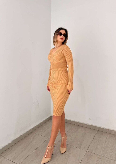 ONE COLOR OPEN NECK WOMEN DRESS BEIGE/BEZHE 