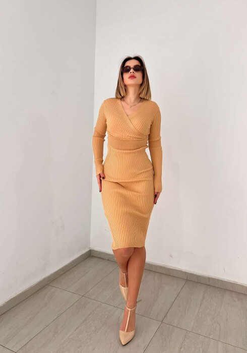 ONE COLOR OPEN NECK WOMEN DRESS BEIGE/BEZHE - 2