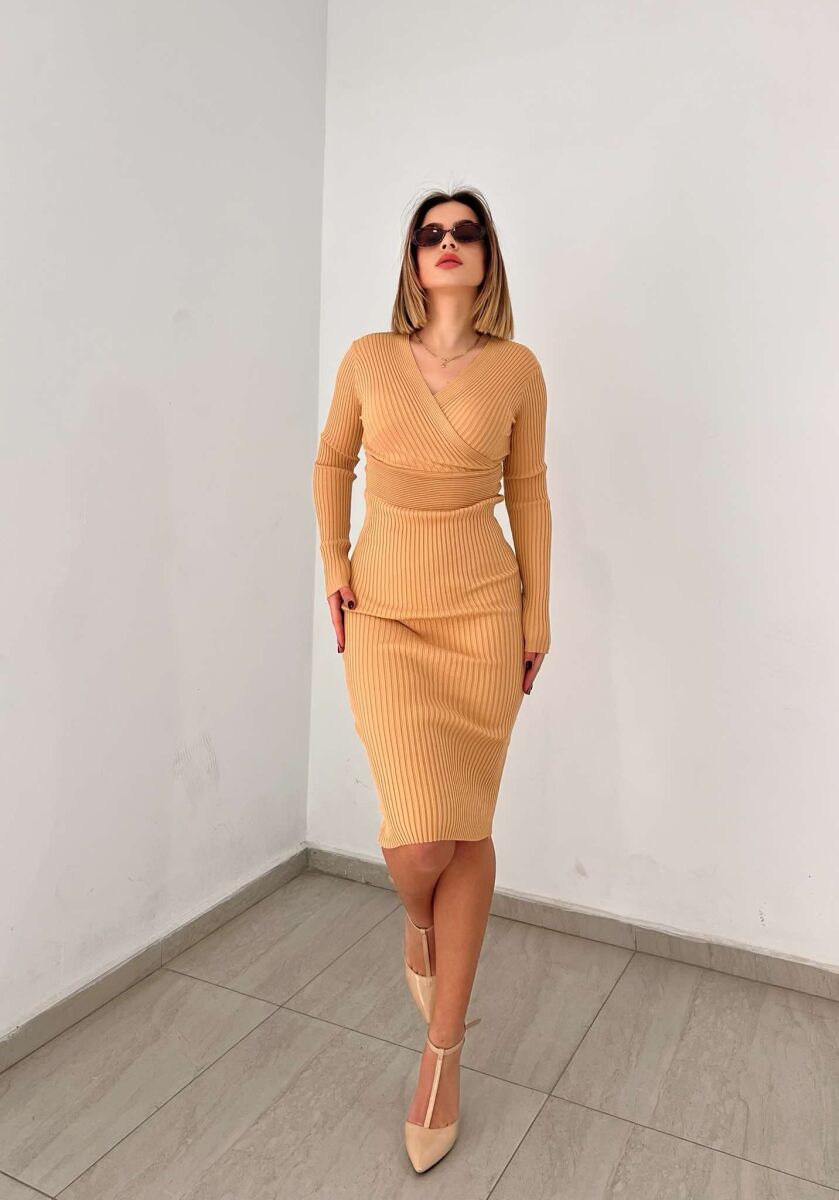 ONE COLOR OPEN NECK WOMEN DRESS BEIGE/BEZHE - 2