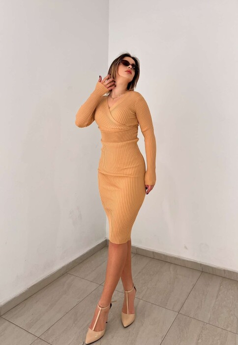 ONE COLOR OPEN NECK WOMEN DRESS BEIGE/BEZHE - 3