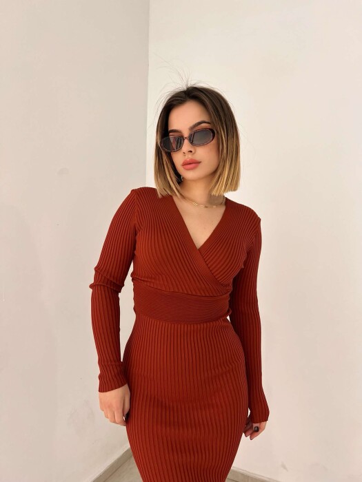 ONE COLOR OPEN NECK WOMEN DRESS BROWN/KAFE - 6