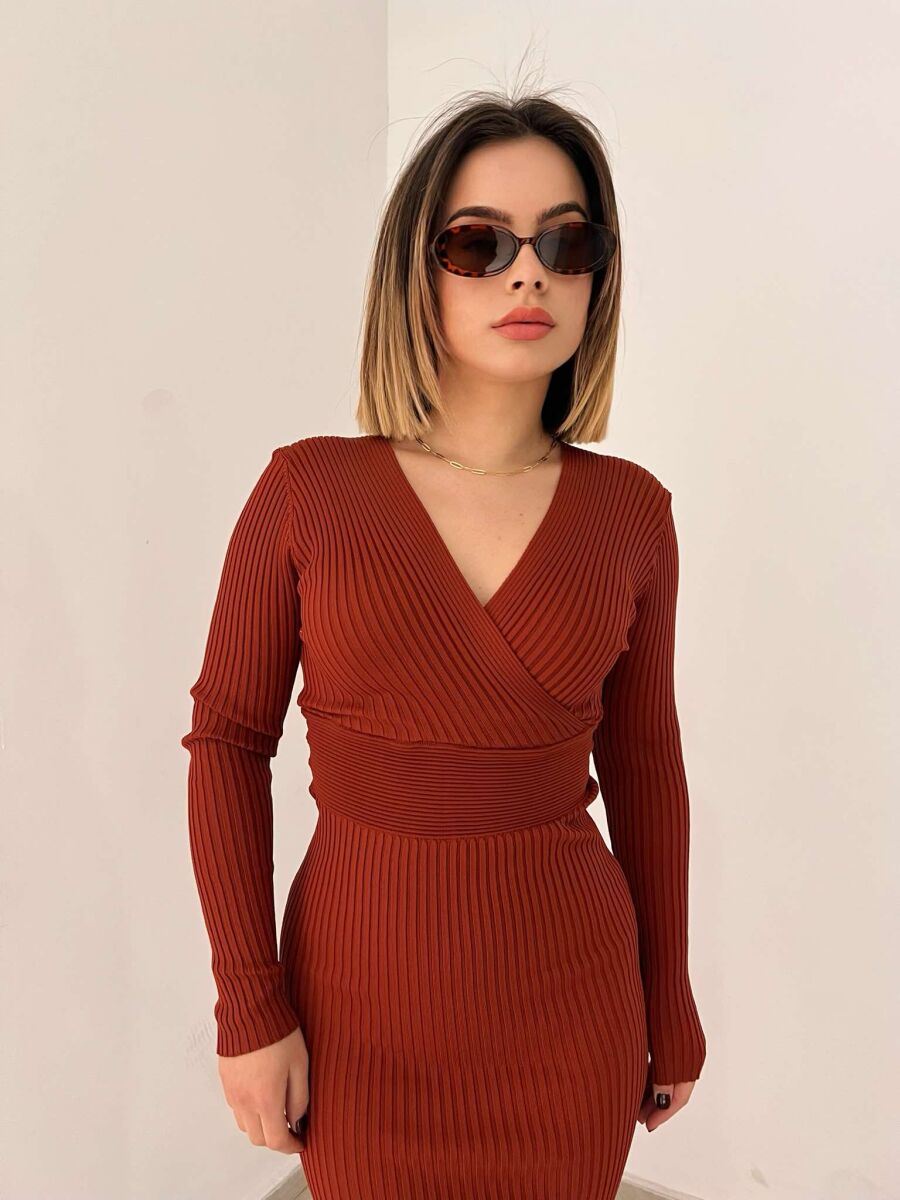 ONE COLOR OPEN NECK WOMEN DRESS BROWN/KAFE - 7