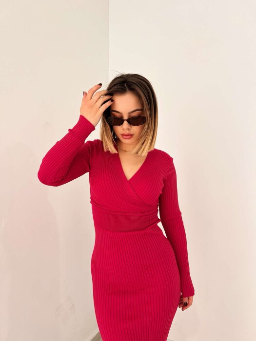 ONE COLOR OPEN NECK WOMEN DRESS FUCHSIA/CIKLAMI 