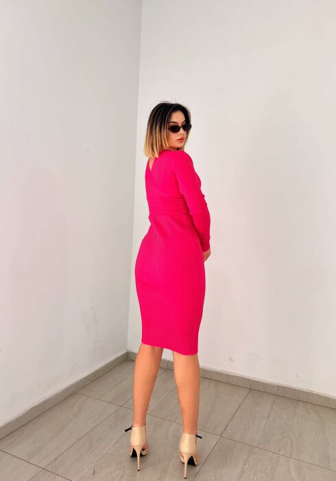 ONE COLOR OPEN NECK WOMEN DRESS PINK/ROZE - 4
