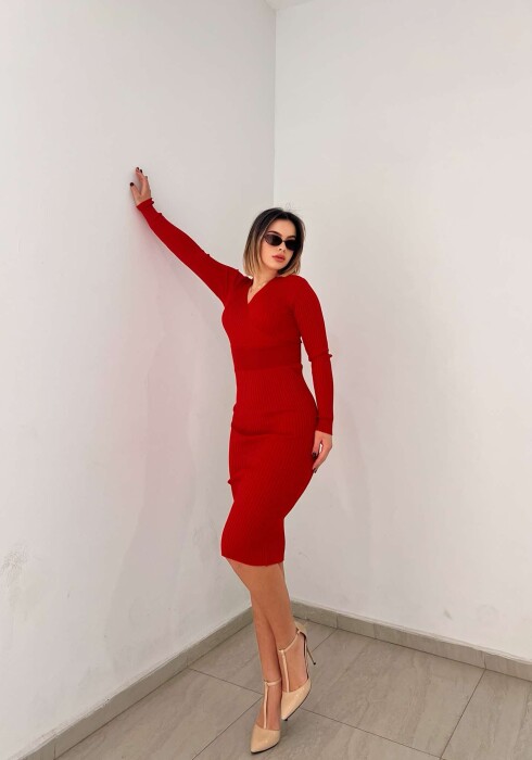 ONE COLOR OPEN NECK WOMEN DRESS RED/E KUQE - 2