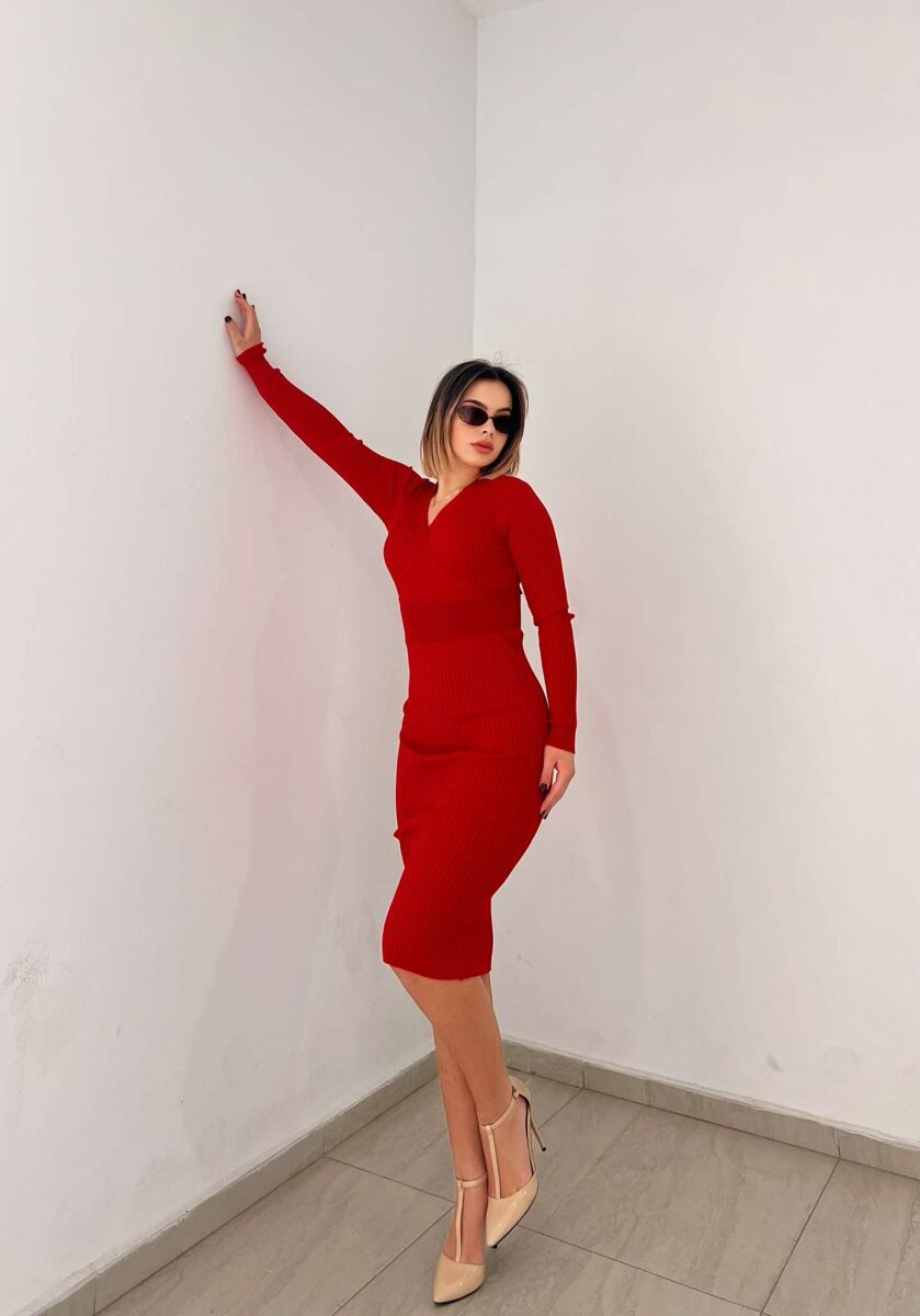 ONE COLOR OPEN NECK WOMEN DRESS RED/E KUQE - 2